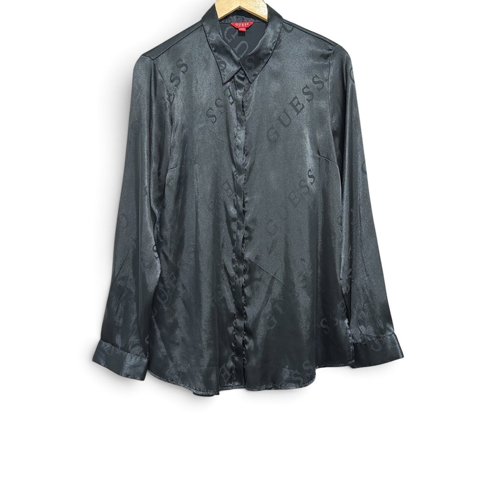 Vintage Guess Los Angeles Black Satin Logo Jacquard Button Down Shirt Large